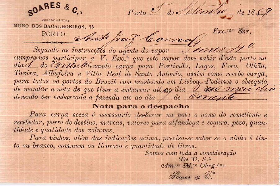 0183 v.jpg -     Lote:    183 (verso)            Portugal       Descrição:         1884/87 &mdash; D. Luís I, de frente. OM9, 10 reis castanho-escuro. Circulado do Porto / Est. Alfandega (05.09.89 para o porto. Repicado por: SOARES & C.ª.        IC       Valor Base:     &euro; 12,00     Valor Venda:     &euro; 20,00     